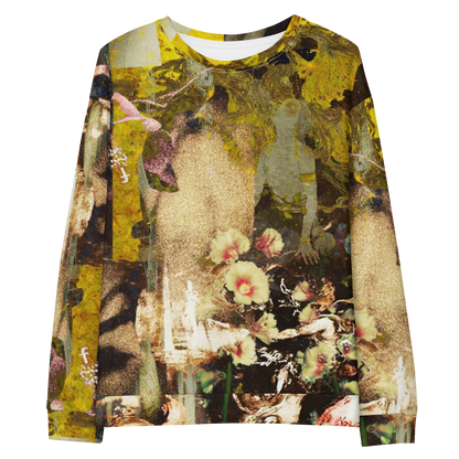 A long-sleeve crewneck sweatshirt featuring a complex collage print with yellow, beige, brown, and pink floral elements, shown flat against a white background.
