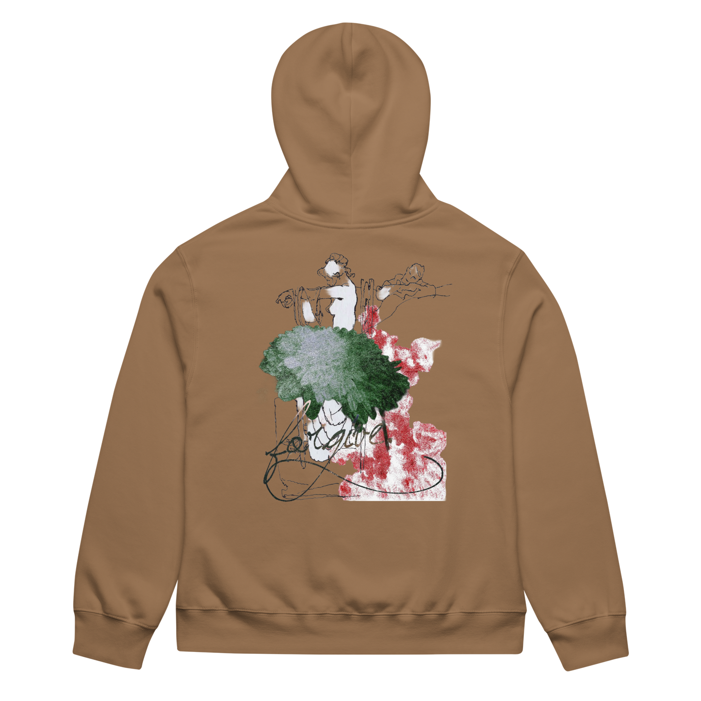 A brown hooded sweatshirt shown from the back, featuring a large graphic print with abstract green, red, and white elements and a stylized figure.