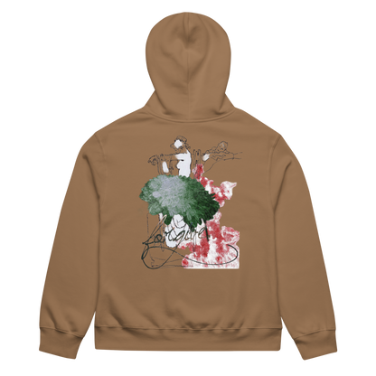 A brown hooded sweatshirt shown from the back, featuring a large graphic print with abstract green, red, and white elements and a stylized figure.