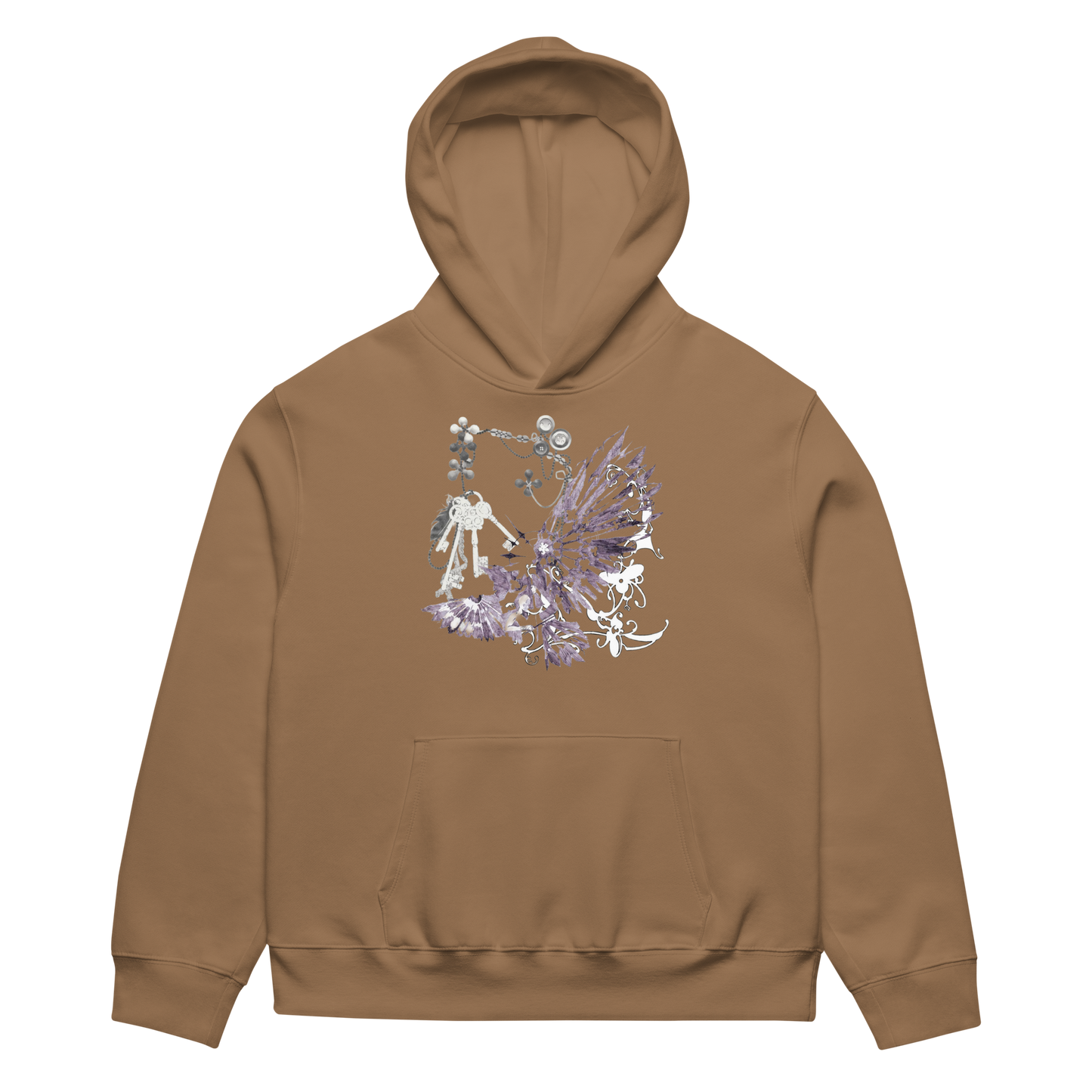 A brown pullover hoodie with a central graphic print featuring a white and purple fairy design, shown against a plain white background.