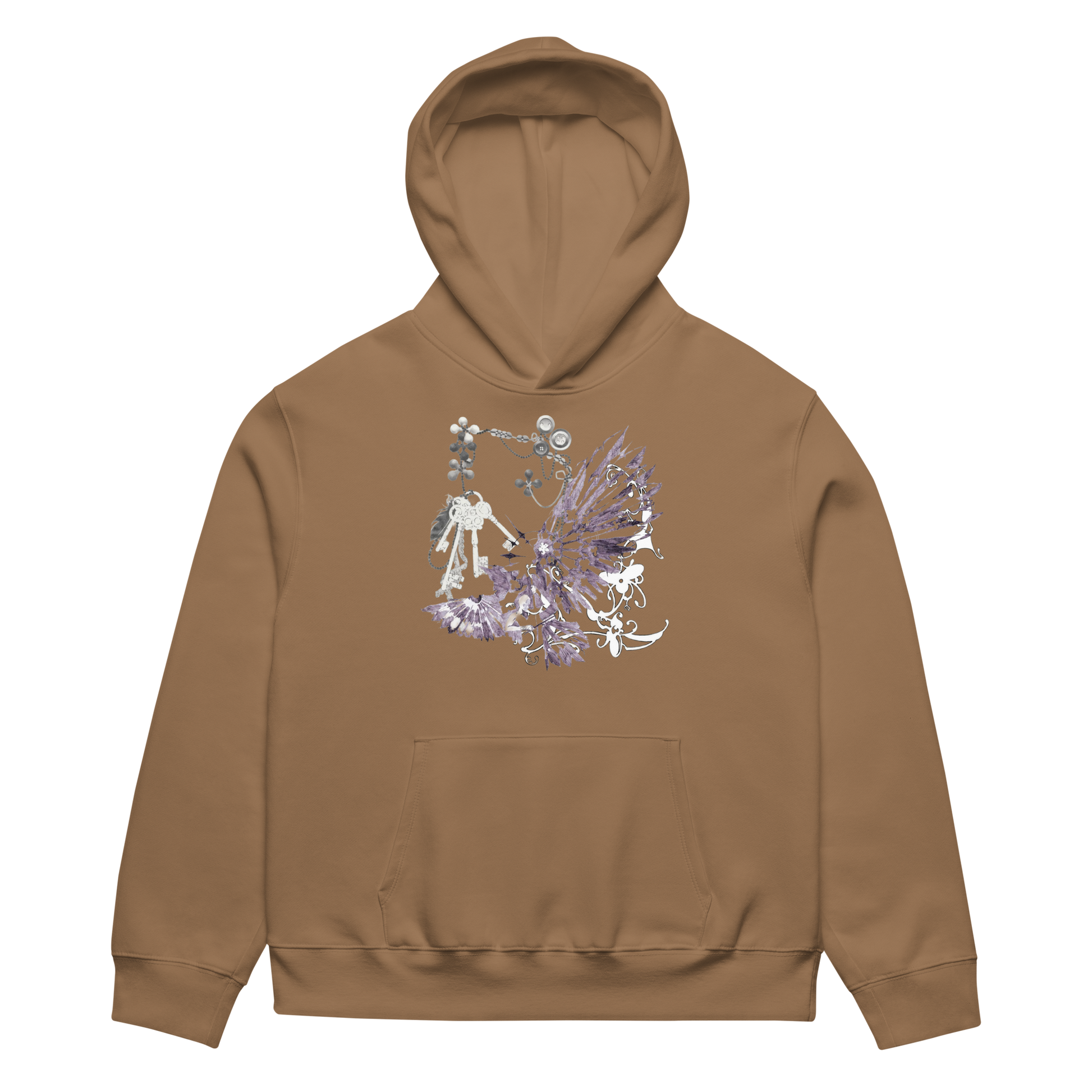 A brown pullover hoodie with a central graphic print featuring a white and purple fairy design, shown against a plain white background.