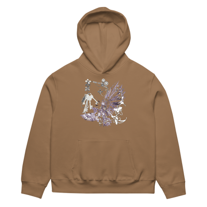 A brown pullover hoodie with a central graphic print featuring a white and purple fairy design, shown against a plain white background.