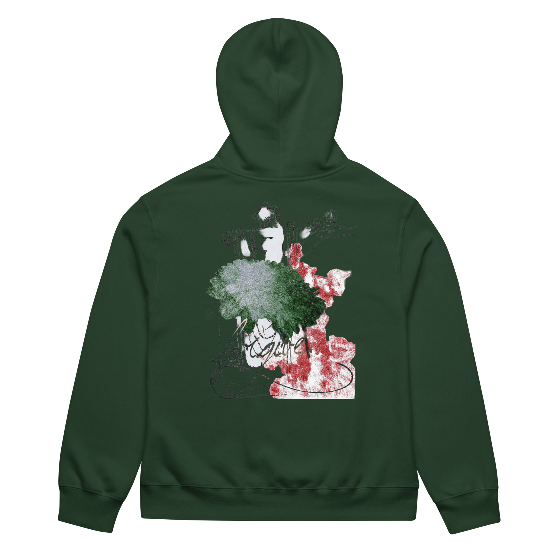 A dark green hoodie shown from the back, featuring a large abstract graphic print with green, red, and white paint-like splashes and black sketch lines across the center.
