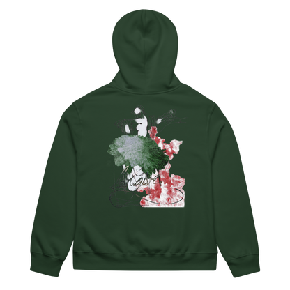 A dark green hoodie shown from the back, featuring a large abstract graphic print with green, red, and white paint-like splashes and black sketch lines across the center.