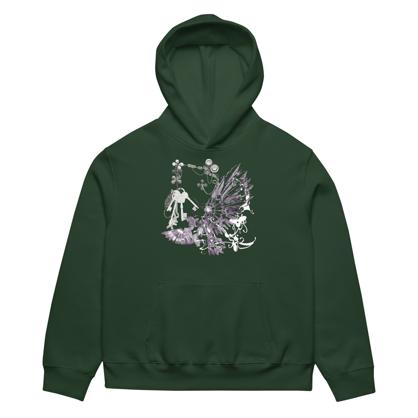 A dark forest green pullover hoodie with a detailed fantasy graphic on the chest featuring a skeleton knight, a winged fairy, and purple flowers, displayed against a solid white background.