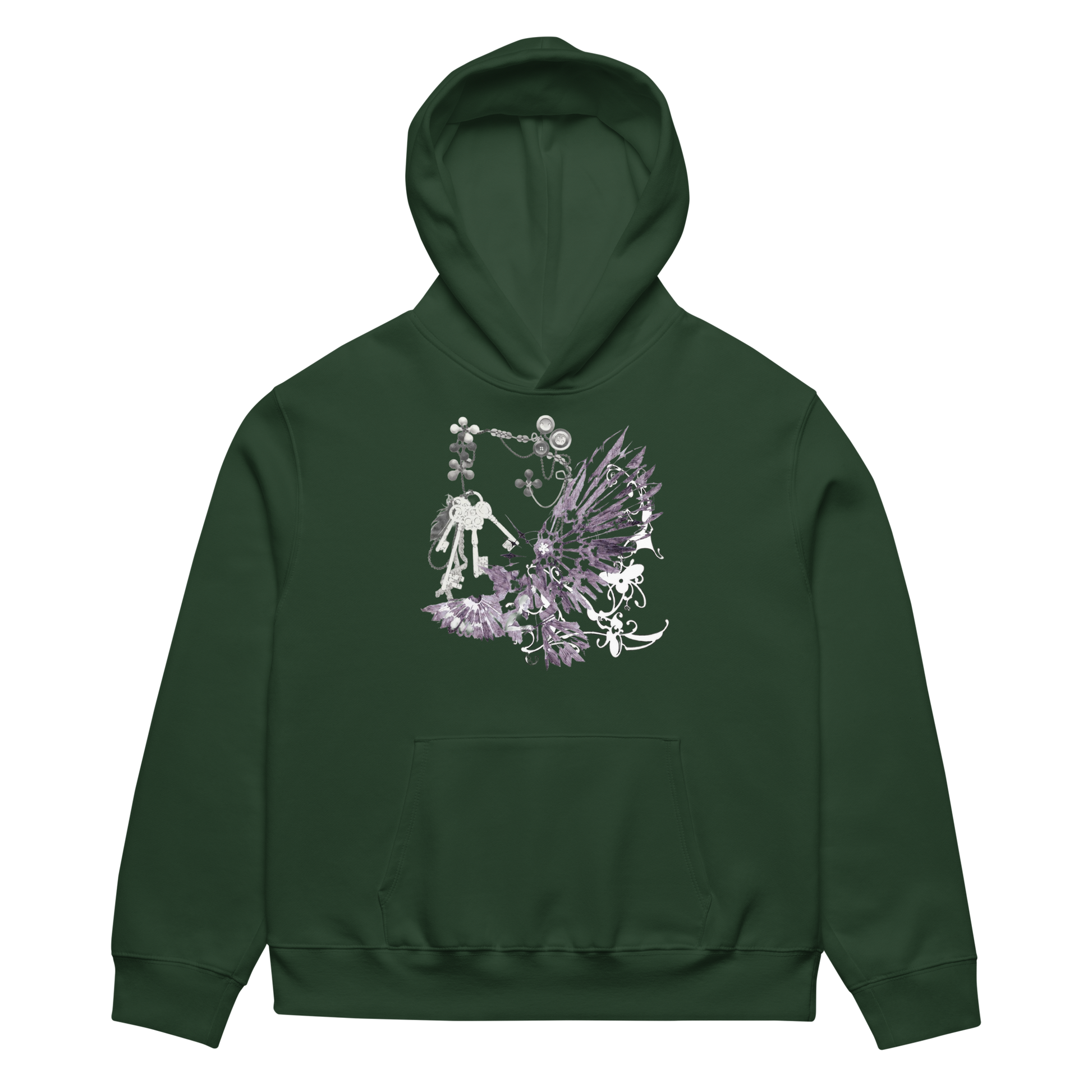 A dark forest green pullover hoodie with a detailed fantasy graphic on the chest featuring a skeleton knight, a winged fairy, and purple flowers, displayed against a solid white background.