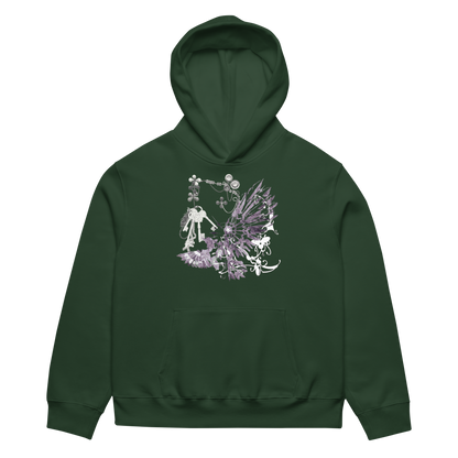 A dark forest green pullover hoodie with a detailed fantasy graphic on the chest featuring a skeleton knight, a winged fairy, and purple flowers, displayed against a solid white background.