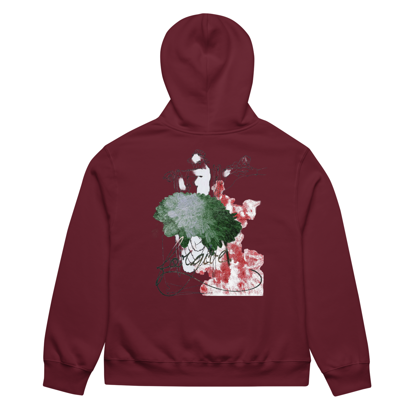 A maroon zip-up hoodie shown from the back, featuring a large graphic print on the back with green, red, and white paint-like splatters and stylized text.