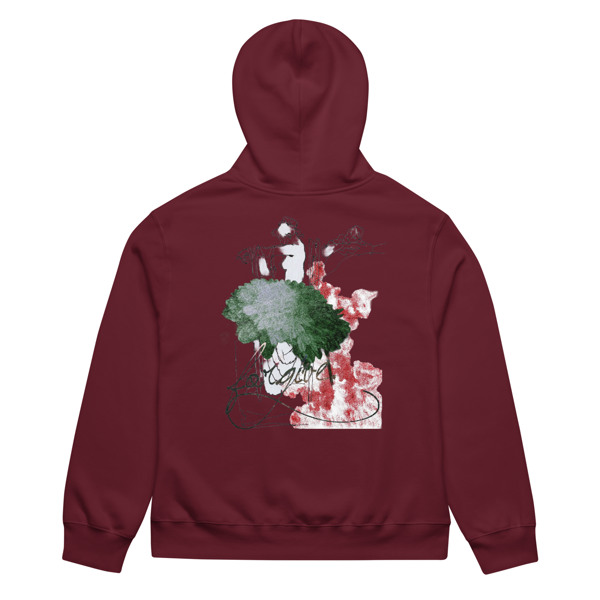 A maroon zip-up hoodie shown from the back, featuring a large graphic print on the back with green, red, and white paint-like splatters and stylized text.