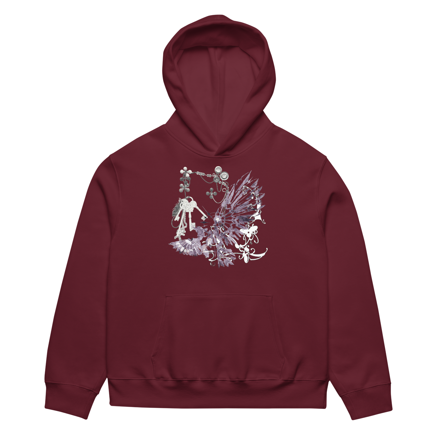A maroon pullover hoodie with a detailed fantasy graphic on the chest, featuring a knight and a dragon in white and gray tones, shown against a plain white background.