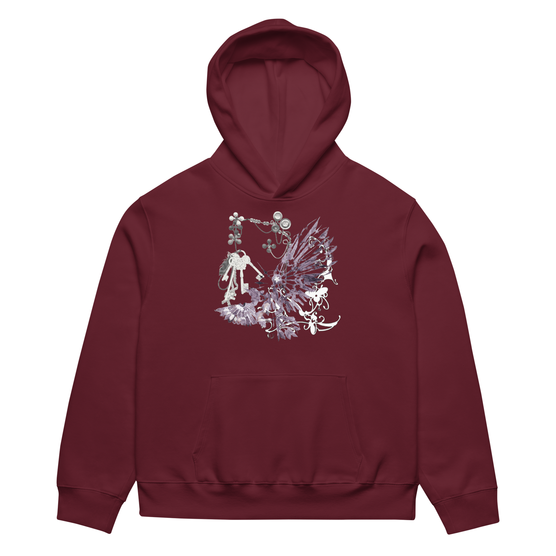 A maroon pullover hoodie with a detailed fantasy graphic on the chest, featuring a knight and a dragon in white and gray tones, shown against a plain white background.