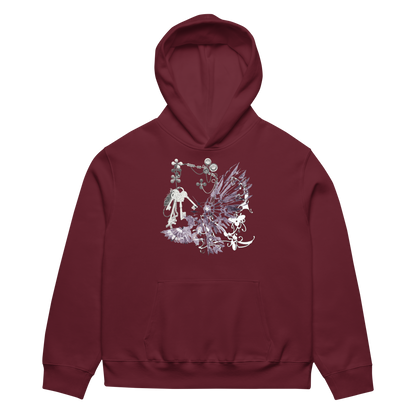 A maroon pullover hoodie with a detailed fantasy graphic on the chest, featuring a knight and a dragon in white and gray tones, shown against a plain white background.