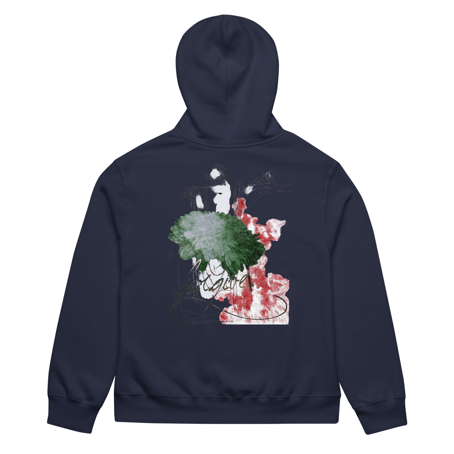 A navy blue hoodie shown from the back, featuring a large abstract graphic print with green, red, and white paint splatters and brushstrokes on the center back.