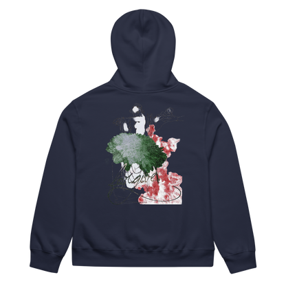 A navy blue hoodie shown from the back, featuring a large abstract graphic print with green, red, and white paint splatters and brushstrokes on the center back.
