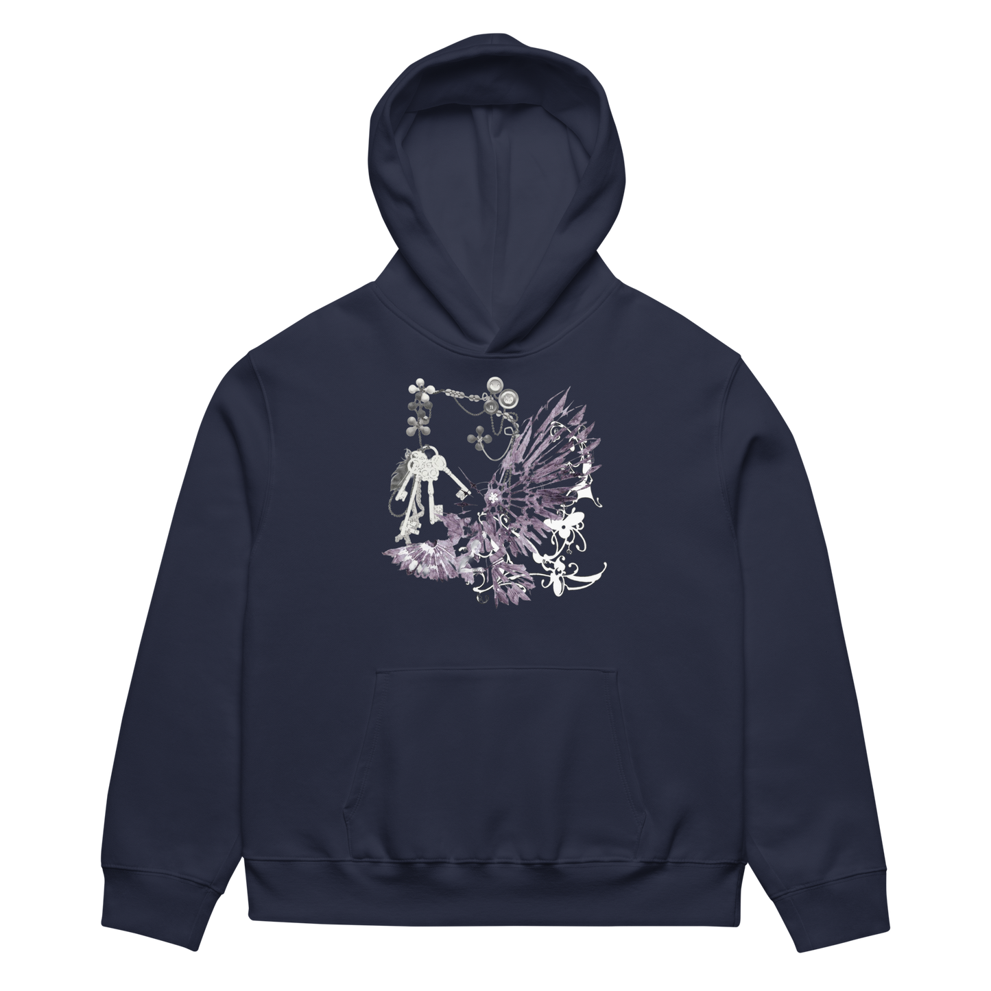 A navy blue pullover hoodie with a detailed fantasy graphic on the chest, featuring a skeleton knight, a winged fairy, and a small creature in white and light purple tones, shown against a plain white background.