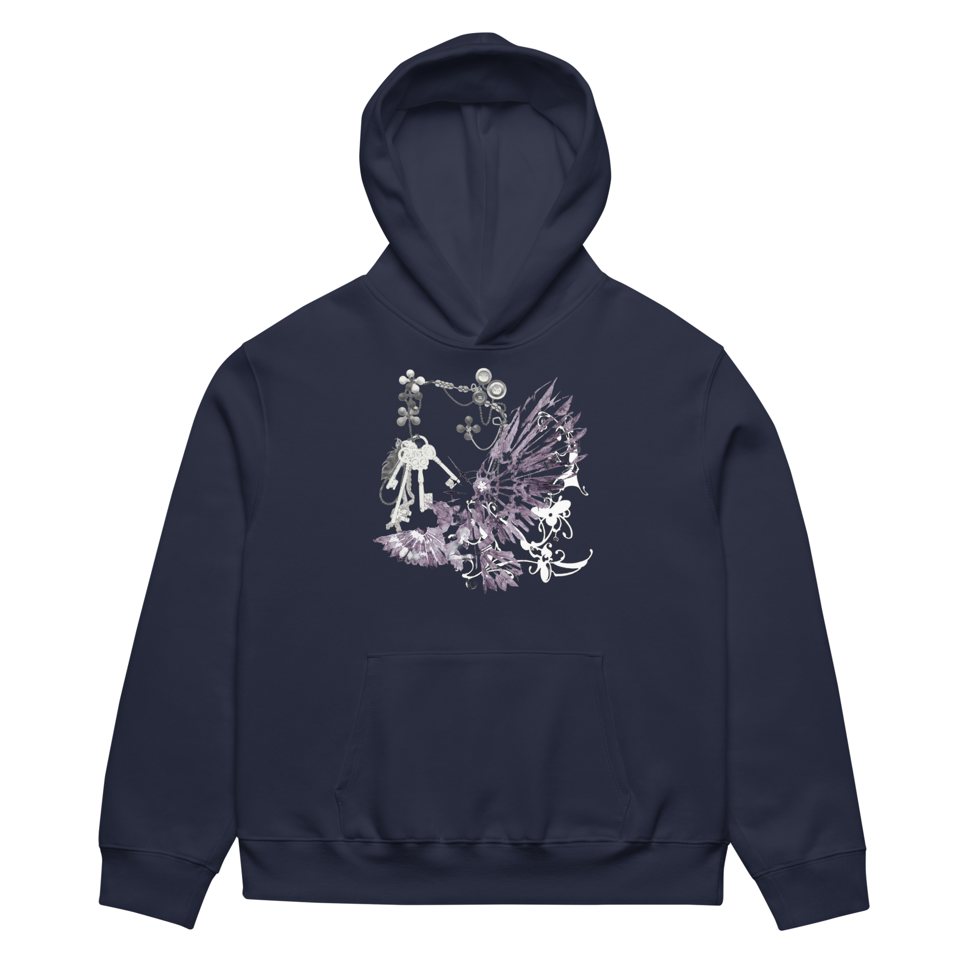 A navy blue pullover hoodie with a detailed fantasy graphic on the chest, featuring a skeleton knight, a winged fairy, and a small creature in white and light purple tones, shown against a plain white background.