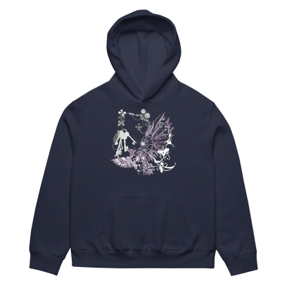 A navy blue pullover hoodie with a detailed fantasy graphic on the chest, featuring a skeleton knight, a winged fairy, and a small creature in white and light purple tones, shown against a plain white background.