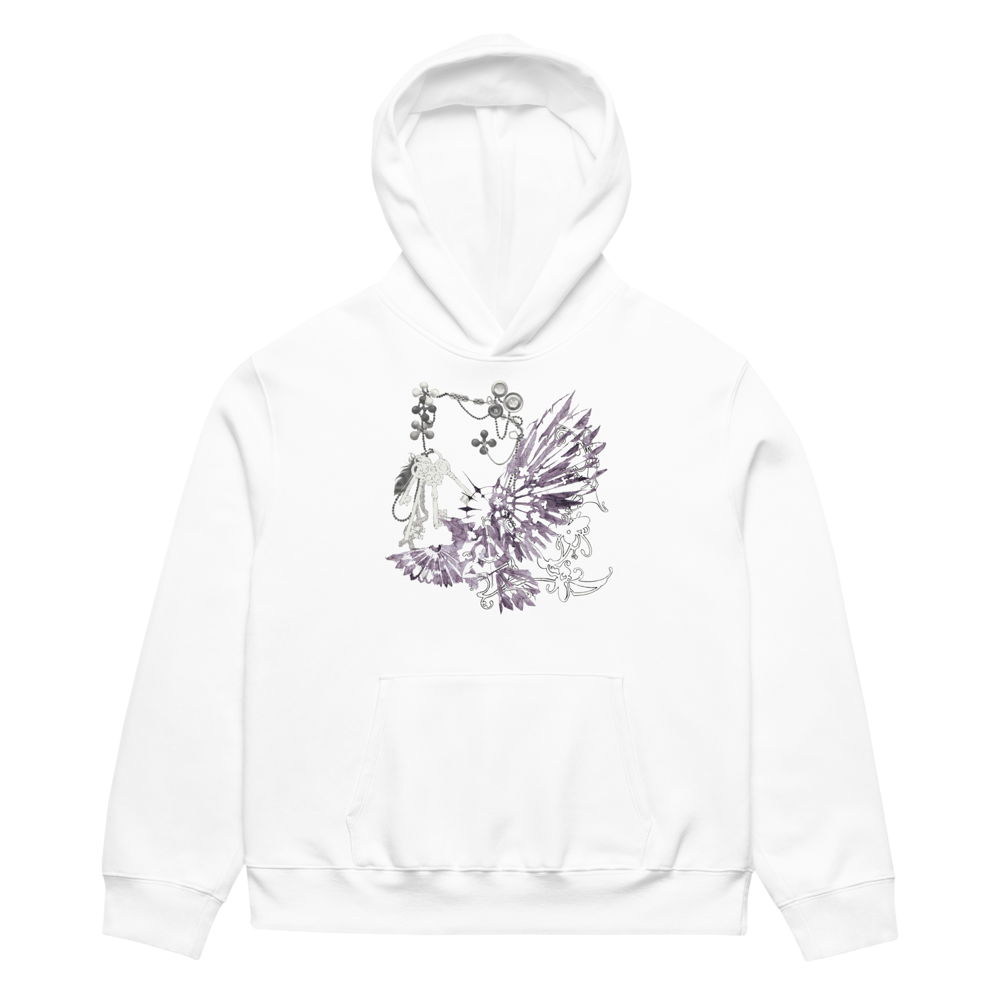 A white pullover hoodie featuring a detailed graphic print on the front chest of a fairy with wings and a small white bird, rendered in shades of purple, gray, and black.
