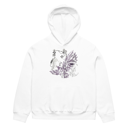 A white pullover hoodie featuring a detailed graphic print on the front chest of a fairy with wings and a small white bird, rendered in shades of purple, gray, and black.