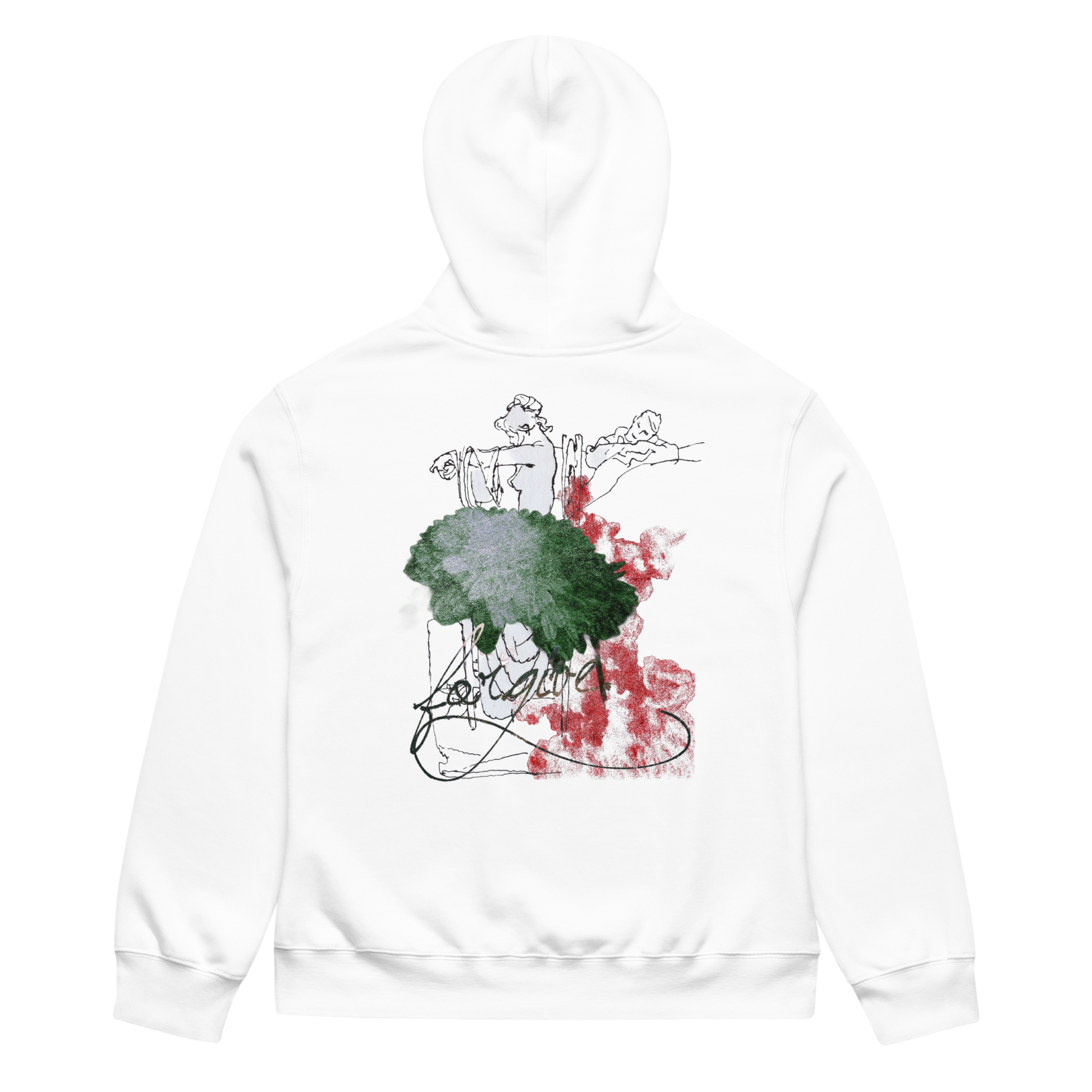 A white pullover hoodie shown from the back, featuring a graphic print of a woman in a hat with green and red paint splatter and black sketch lines.