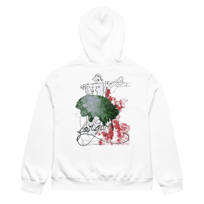 A white pullover hoodie shown from the back, featuring a graphic print of a woman in a hat with green and red paint splatter and black sketch lines.