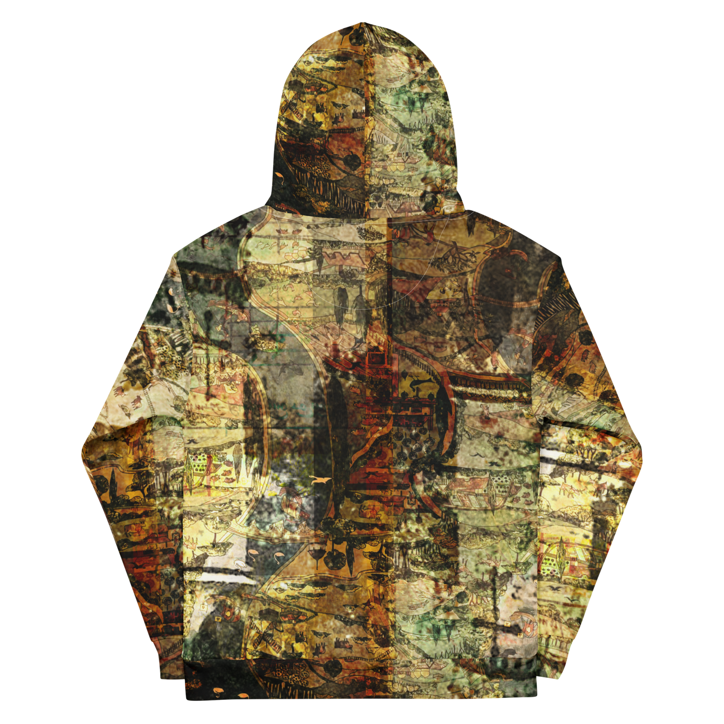A hooded sweatshirt shown from the back, featuring an all-over abstract collage print in earthy tones of brown, beige, green, and orange.