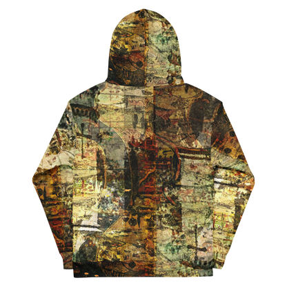 A hooded sweatshirt shown from the back, featuring an all-over abstract collage print in earthy tones of brown, beige, green, and orange.