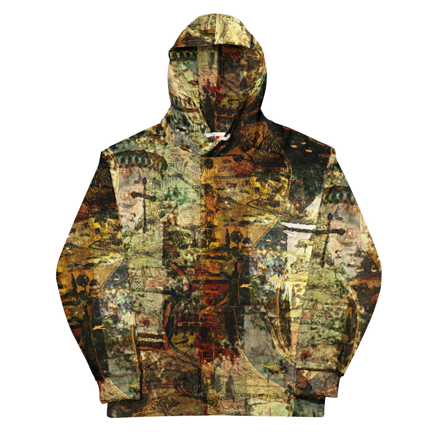 A hooded sweatshirt with an all-over abstract camouflage-style print in earthy tones of olive green, brown, tan, black, and muted red, shown on a plain white background.