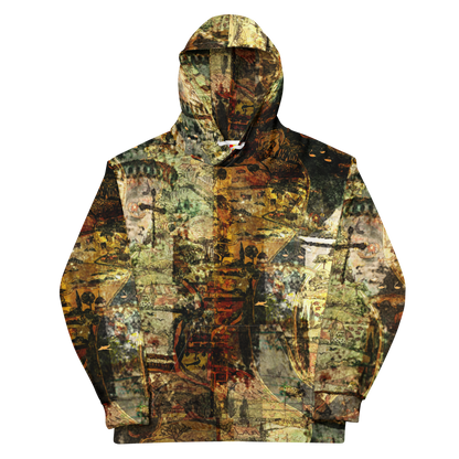 A hooded sweatshirt with an all-over abstract camouflage-style print in earthy tones of olive green, brown, tan, black, and muted red, shown on a plain white background.