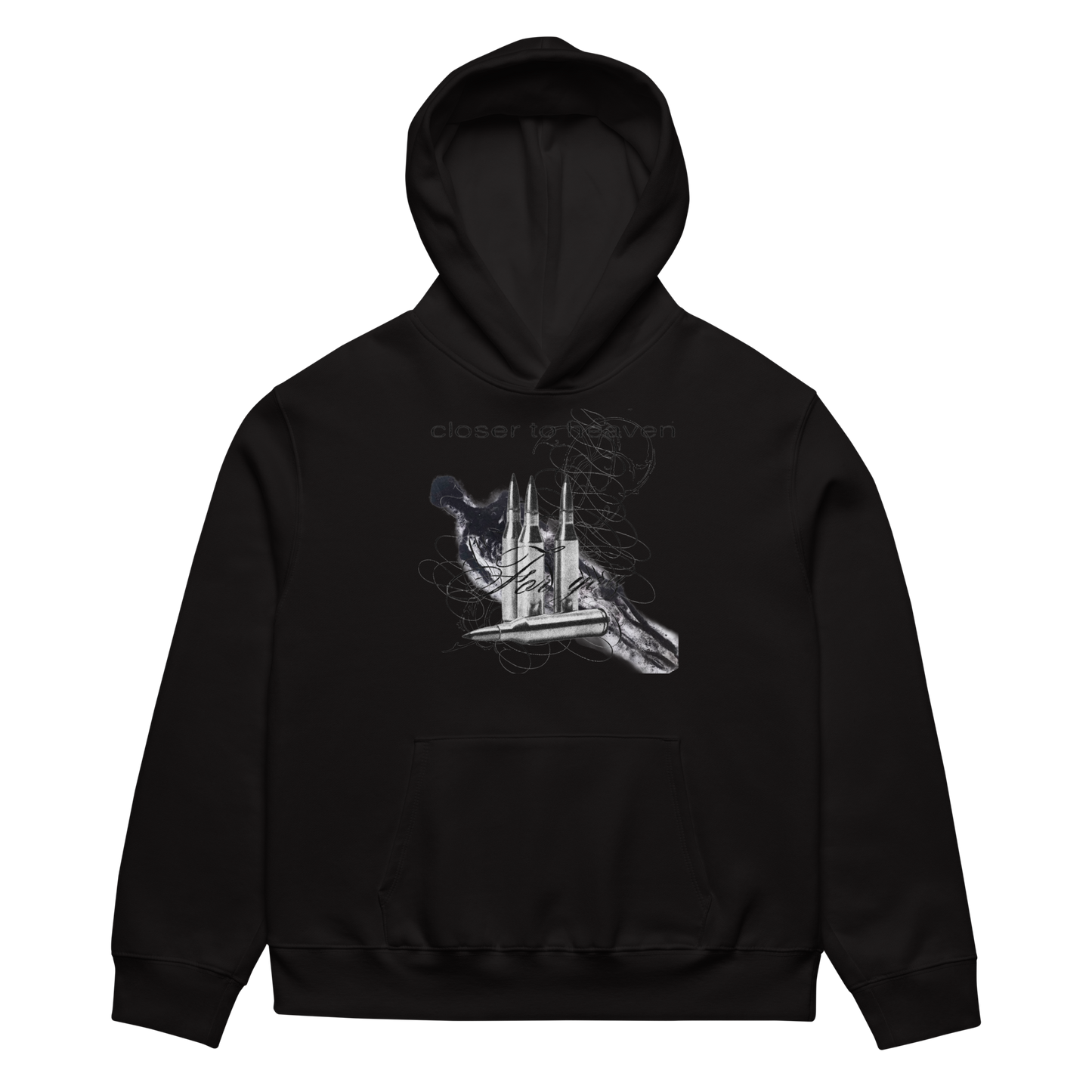 A black pullover hoodie with a white and gray graphic print on the chest depicting a hand holding a ship's wheel, with the faint text 'closer than death' above it, shown against a plain white background.