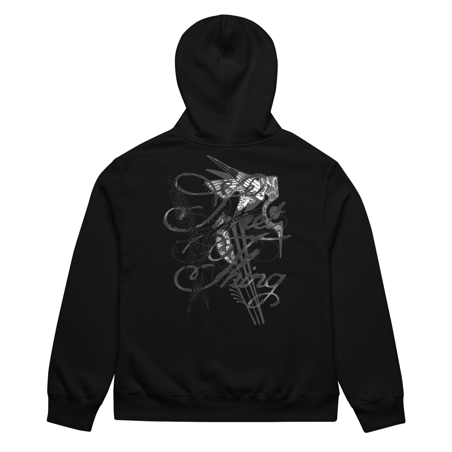 A black pullover hoodie shown from the back, featuring a large, stylized white graphic print of a violin and decorative swirls on the back.