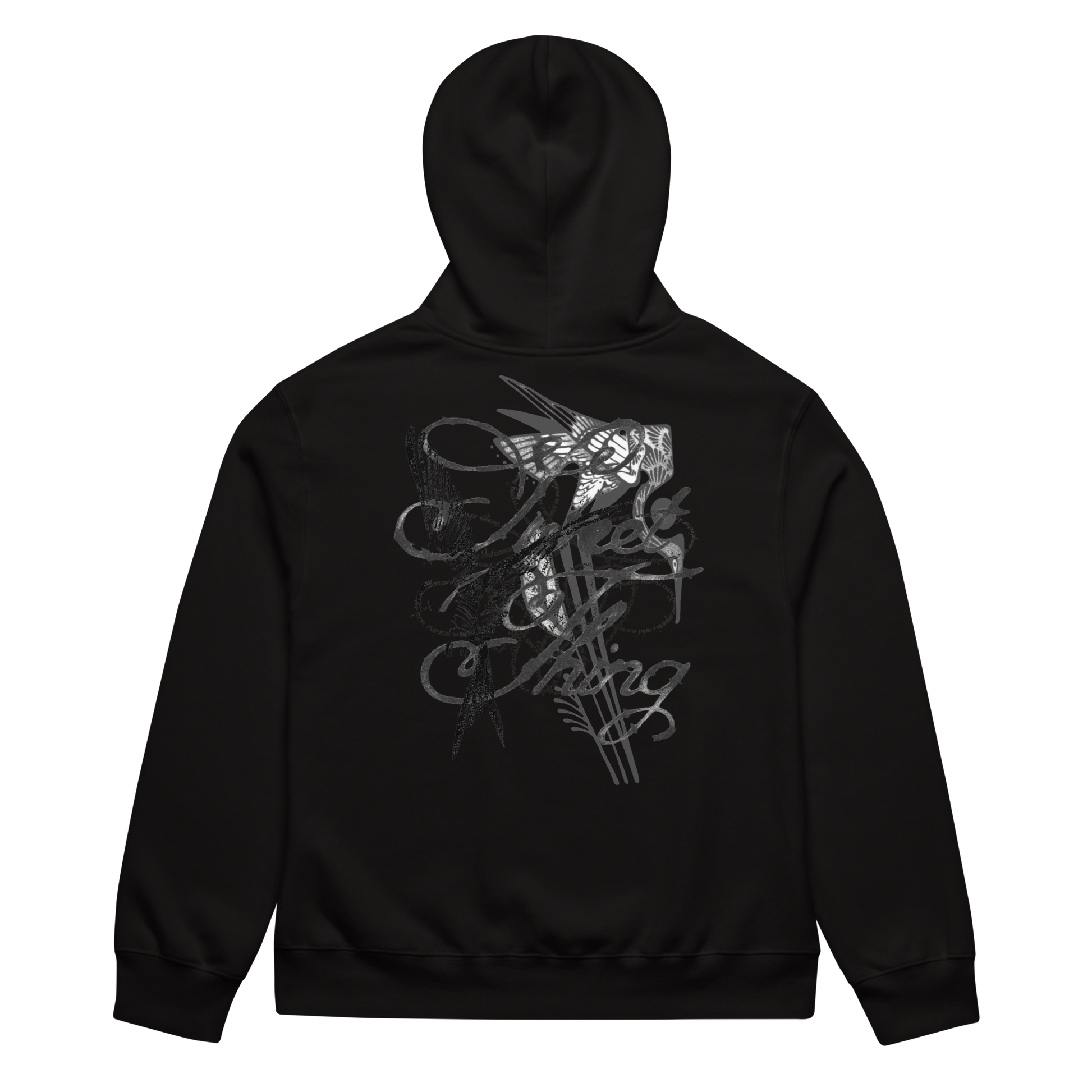 A black pullover hoodie shown from the back, featuring a large, stylized white graphic print of a violin and decorative swirls on the back.