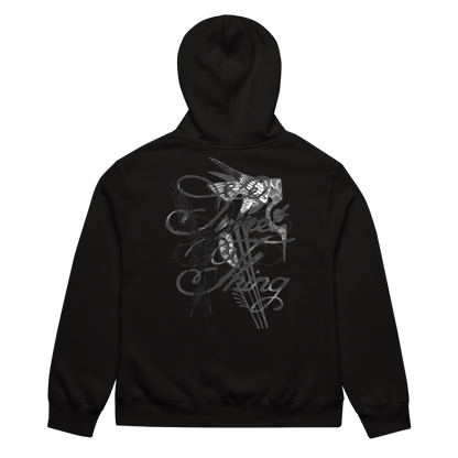 A black pullover hoodie shown from the back, featuring a large, stylized white graphic print of a violin and decorative swirls on the back.