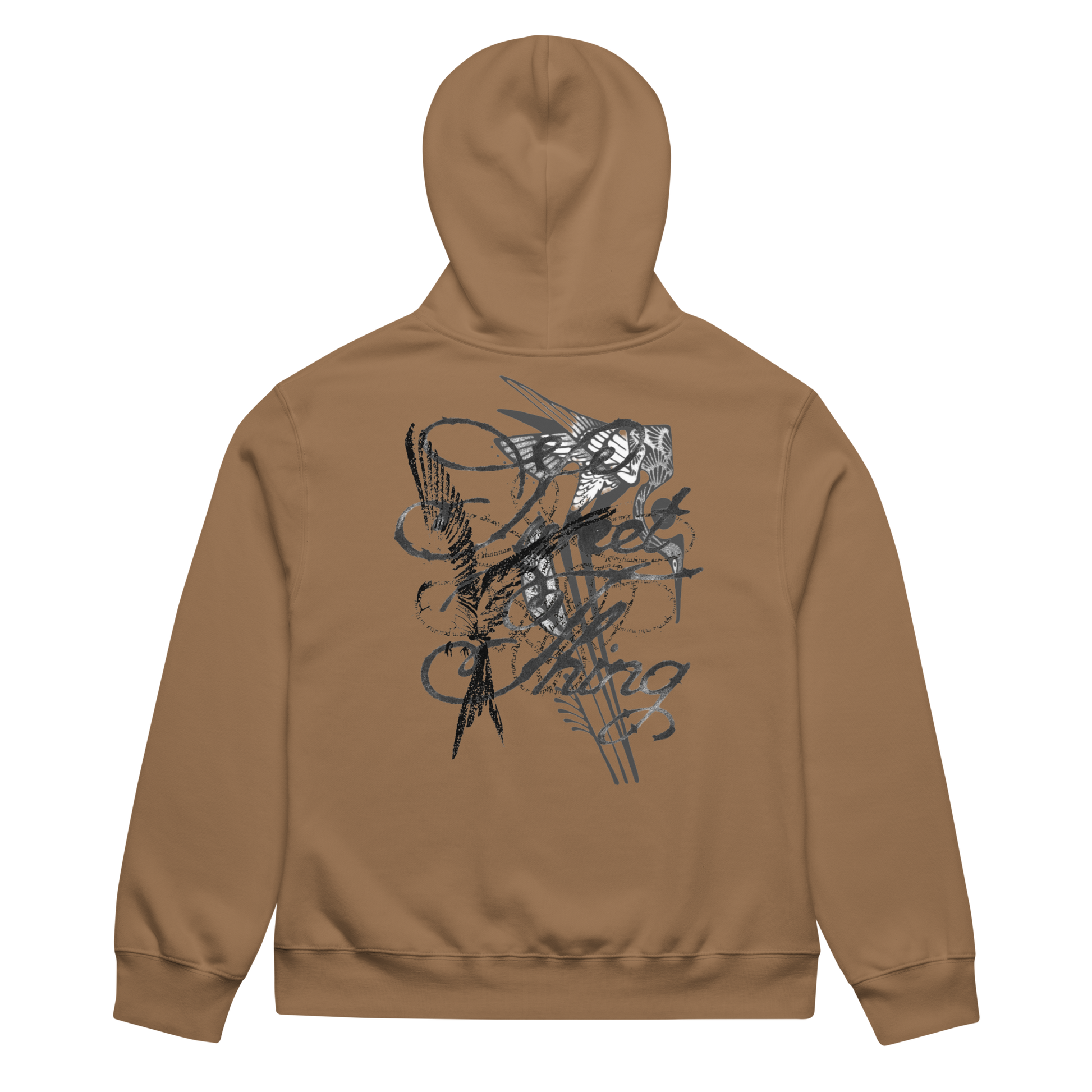 A tan hoodie shown from the back, featuring a large black and gray abstract graphic print across the upper back.