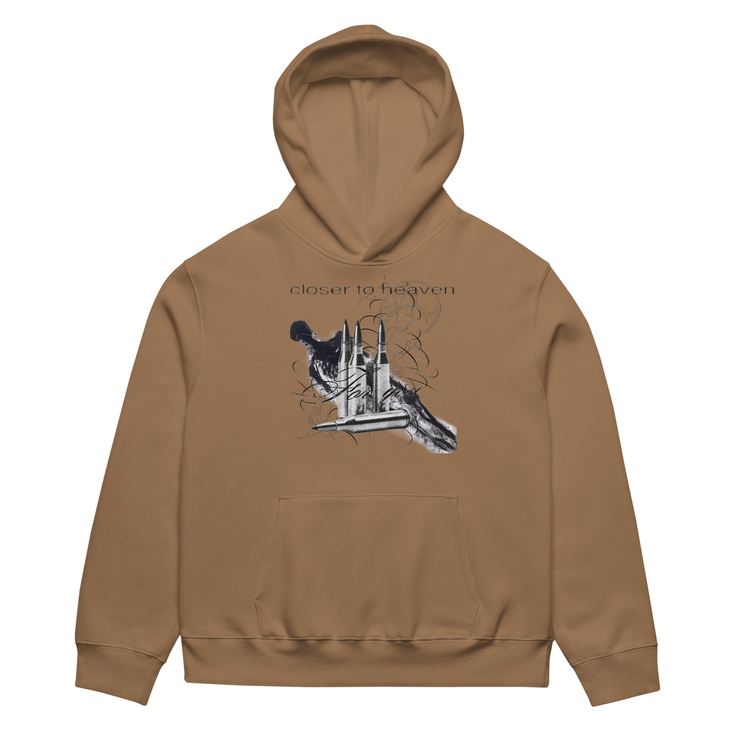 A tan pullover hoodie with a front graphic of a dog and a building, with the text 'closer to heaven' above it, shown on a plain white background.
