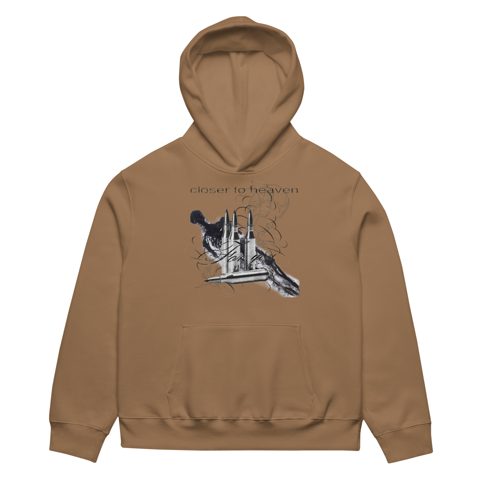 A tan pullover hoodie with a front graphic of a dog and a building, with the text 'closer to heaven' above it, shown on a plain white background.