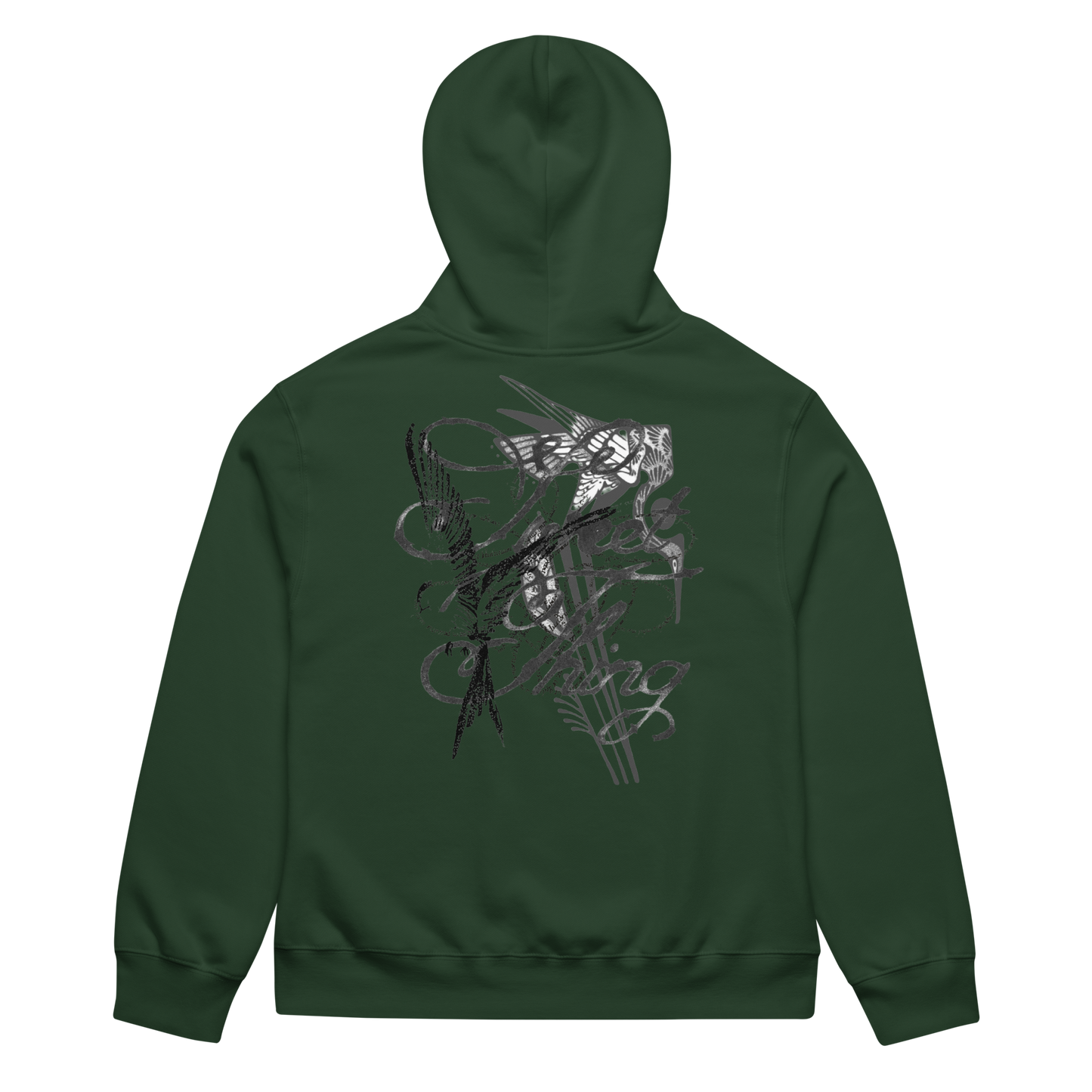 A dark green hoodie shown from the back, featuring a large, detailed black and gray graphic print of a winged dagger and occult symbols across the center.