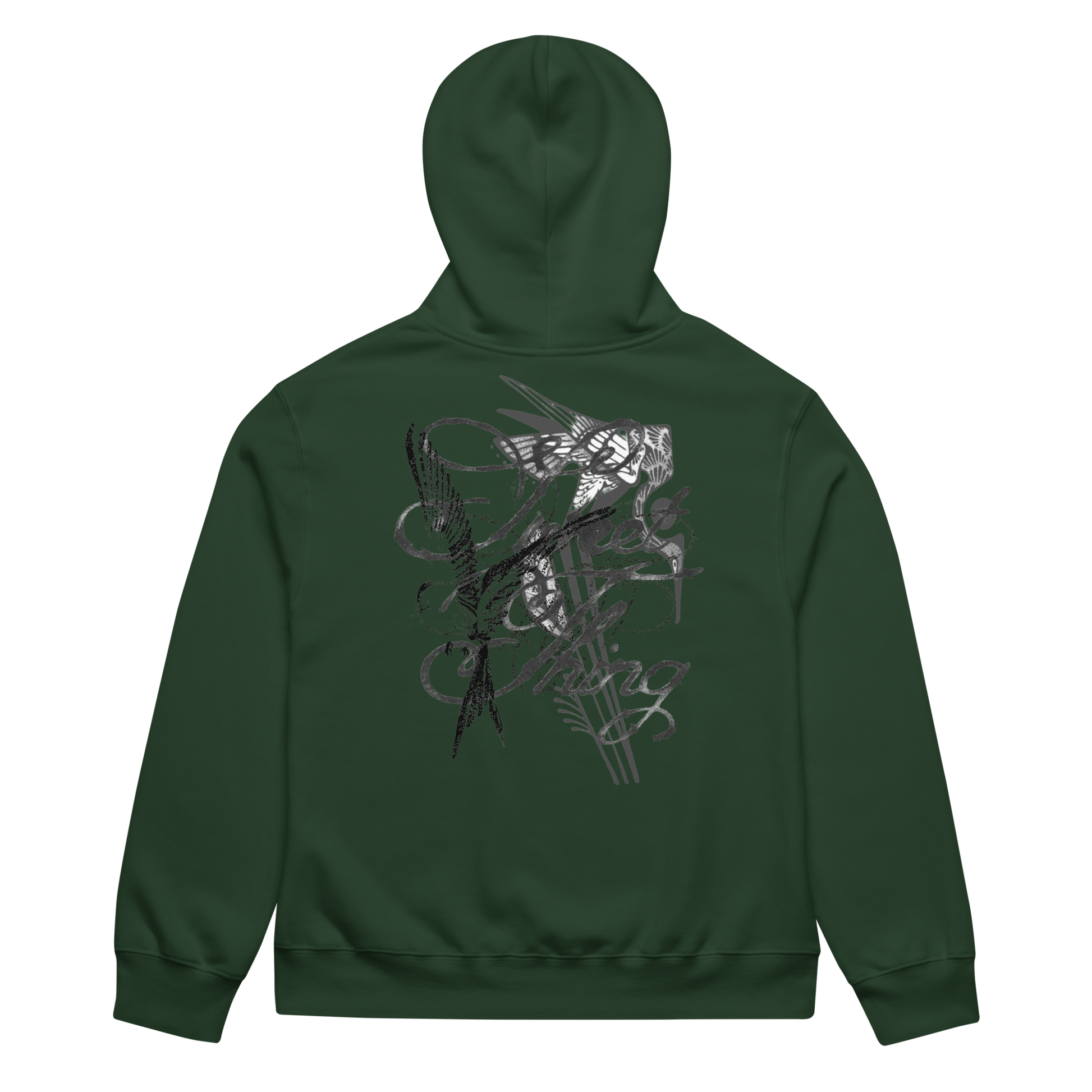 A dark green hoodie shown from the back, featuring a large, detailed black and gray graphic print of a winged dagger and occult symbols across the center.