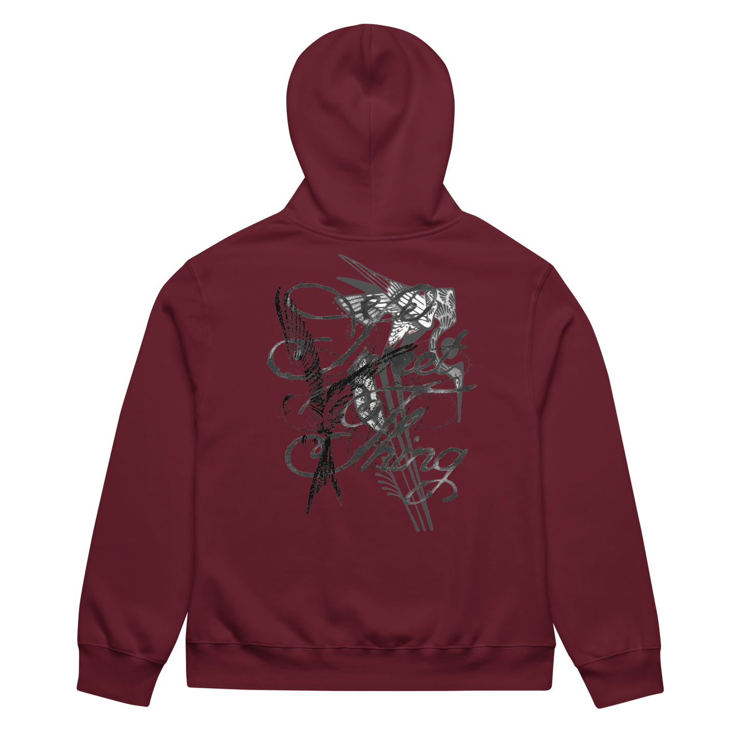 A maroon hoodie shown from the back, featuring a large graphic print of a skeleton playing a guitar with black and gray sketch lines.