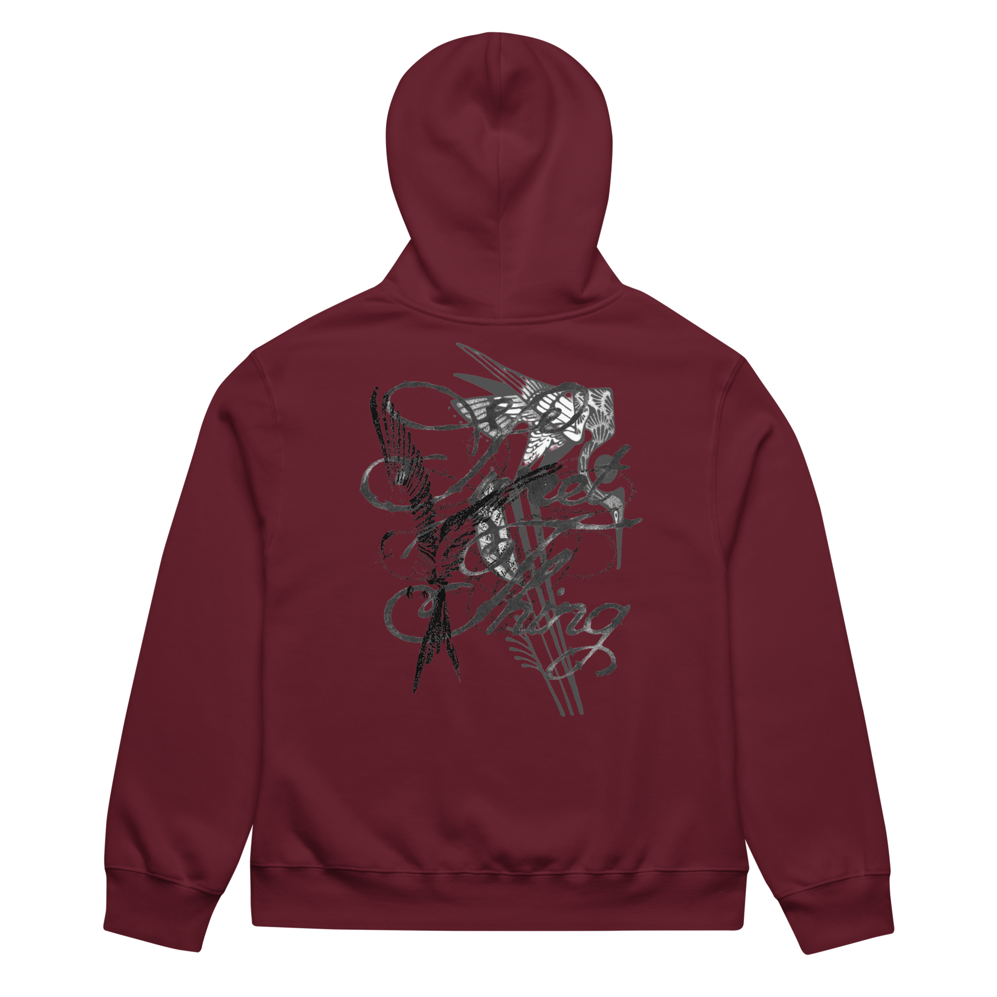 A maroon hoodie shown from the back, featuring a large graphic print of a skeleton playing a guitar with black and gray sketch lines.