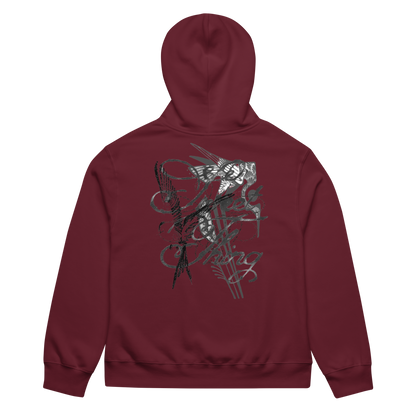 A maroon hoodie shown from the back, featuring a large graphic print of a skeleton playing a guitar with black and gray sketch lines.