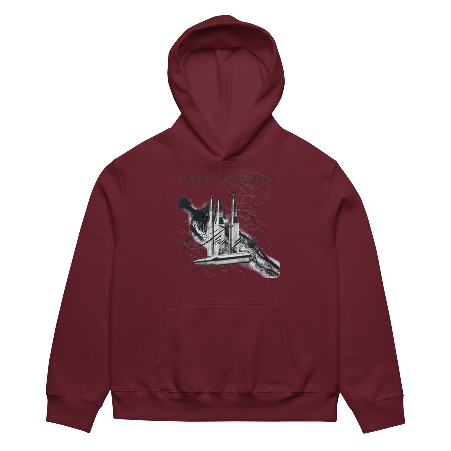A maroon pullover hoodie with a graphic print of a dog and a rocket ship on the front, set against a plain white background.