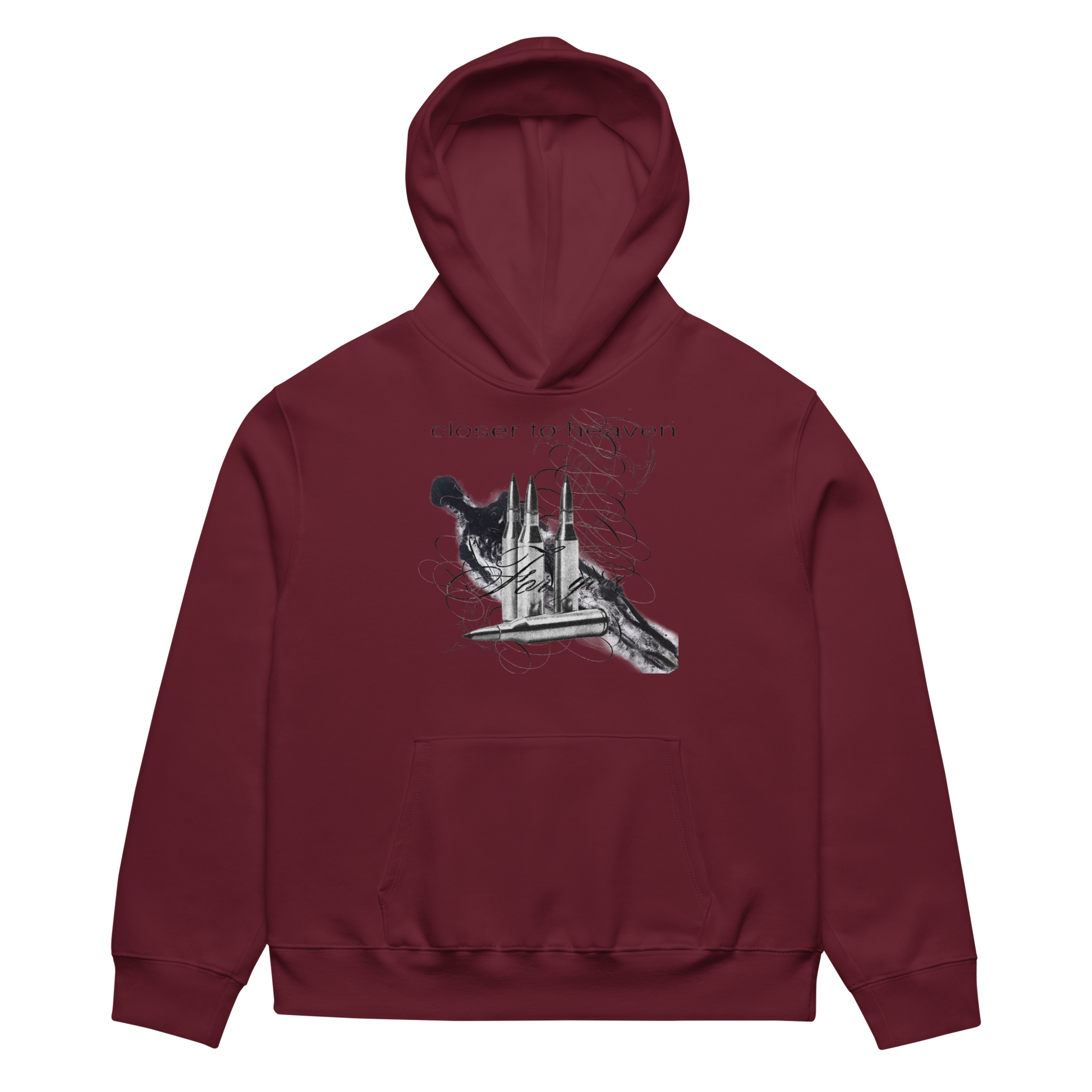 A maroon pullover hoodie with a graphic print of a dog and a rocket ship on the front, set against a plain white background.