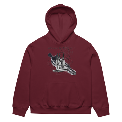 A maroon pullover hoodie with a graphic print of a dog and a rocket ship on the front, set against a plain white background.