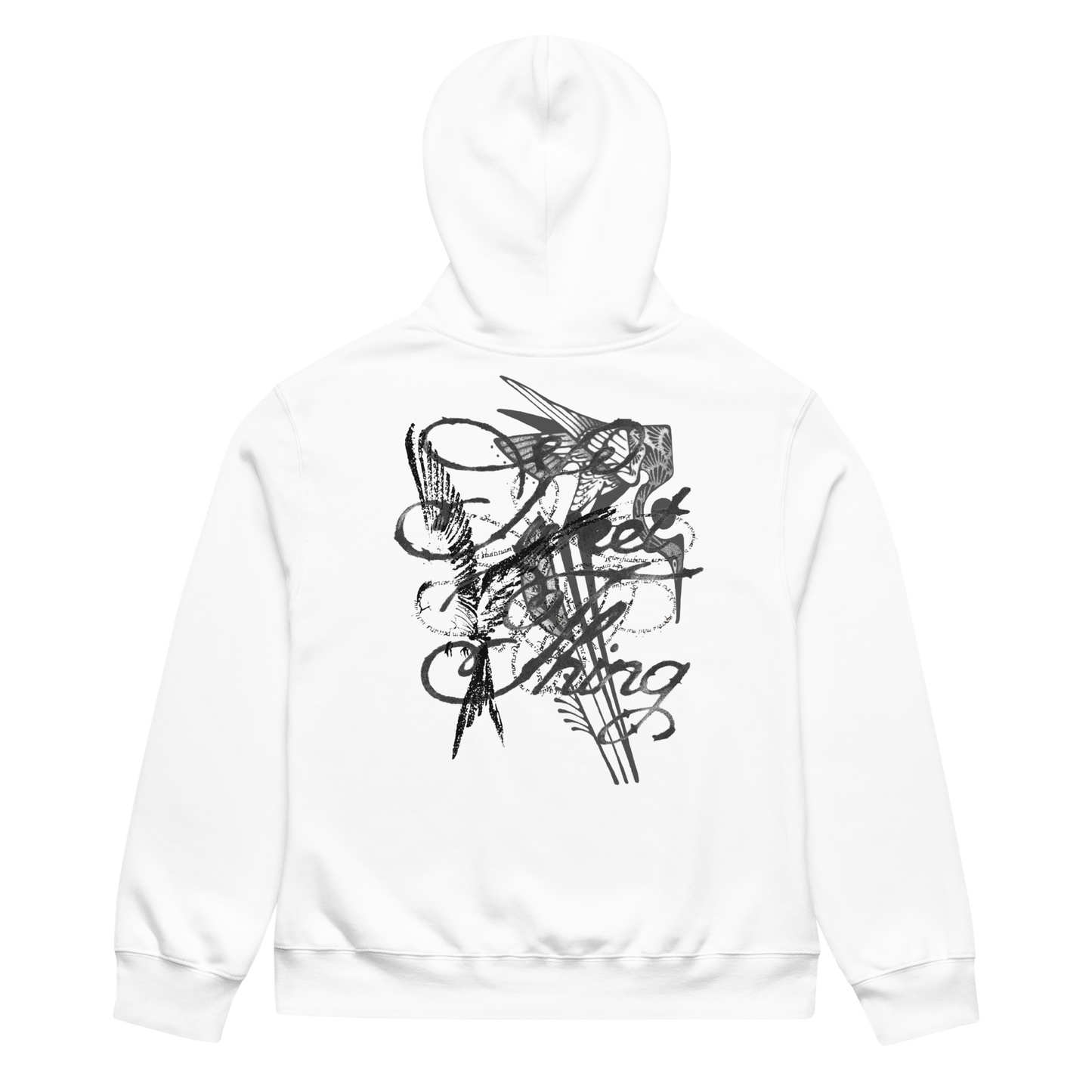 A white pullover hoodie shown from the back, featuring a large black abstract graphic print on the center back.