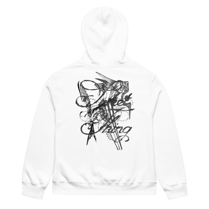 A white pullover hoodie shown from the back, featuring a large black abstract graphic print on the center back.