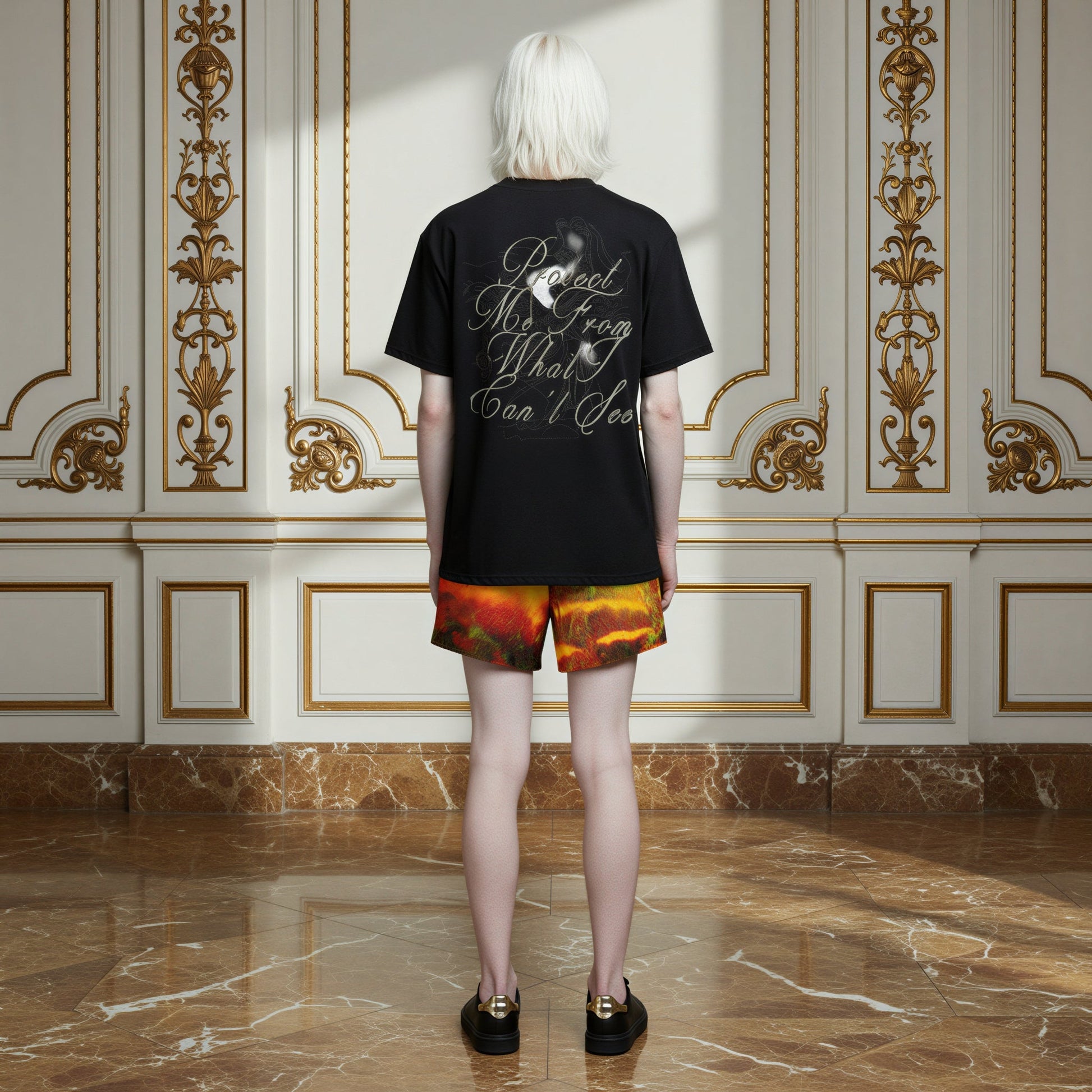 A model stands with their back to the camera in a grand, ornate room with gold-trimmed white walls and a marble floor. They are wearing a black graphic t-shirt with white cursive text reading 'Be Kind, Not From What I Can't Have' and fiery orange/yellow patterned shorts.
