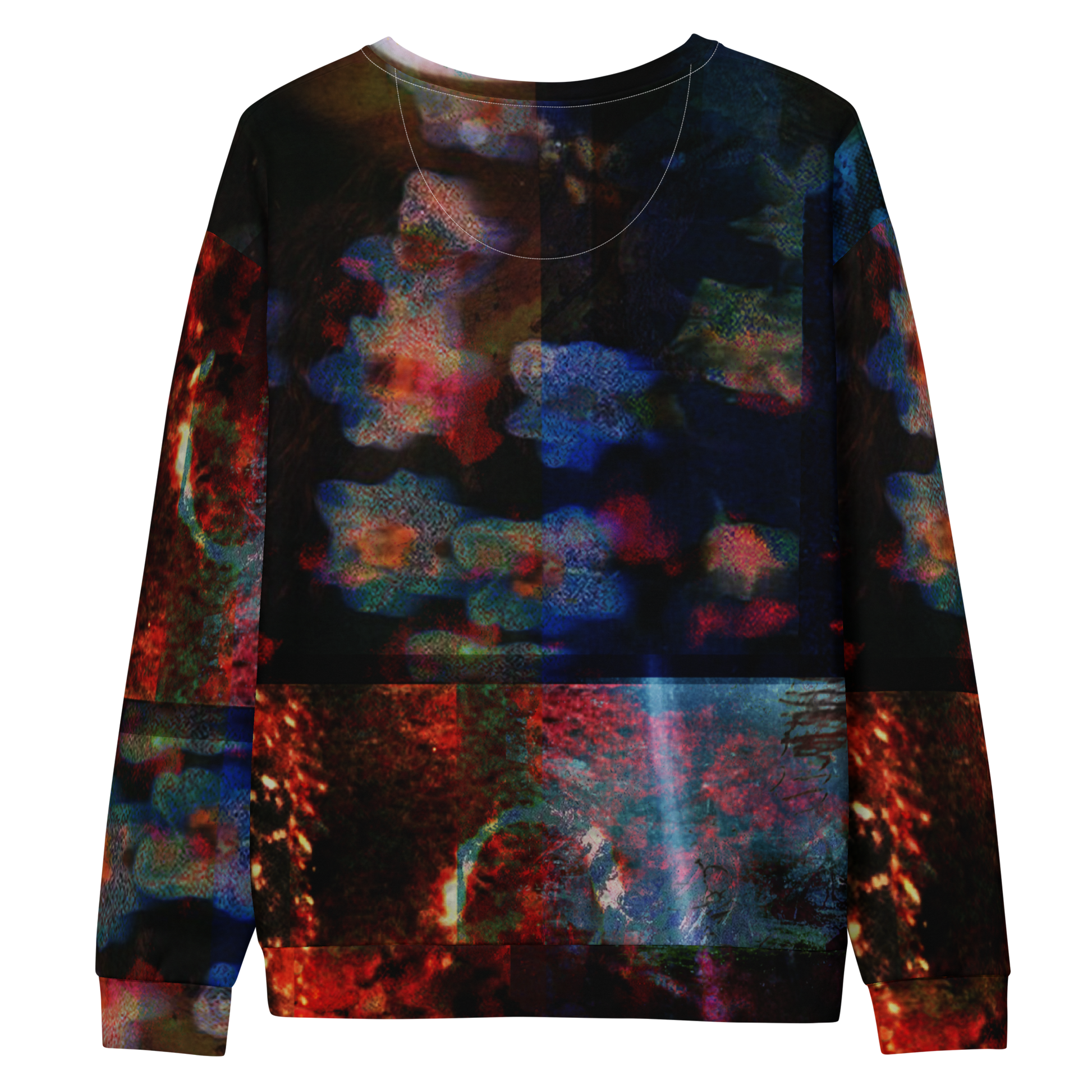 A crewneck sweatshirt featuring an all-over abstract, multicolored print with a dark base and vibrant red, blue, and orange patterns, shown against a plain white background.