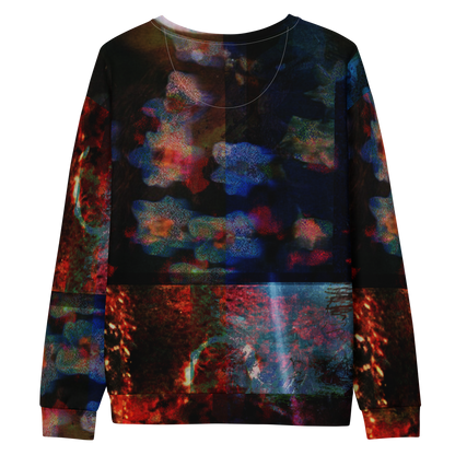 A crewneck sweatshirt featuring an all-over abstract, multicolored print with a dark base and vibrant red, blue, and orange patterns, shown against a plain white background.