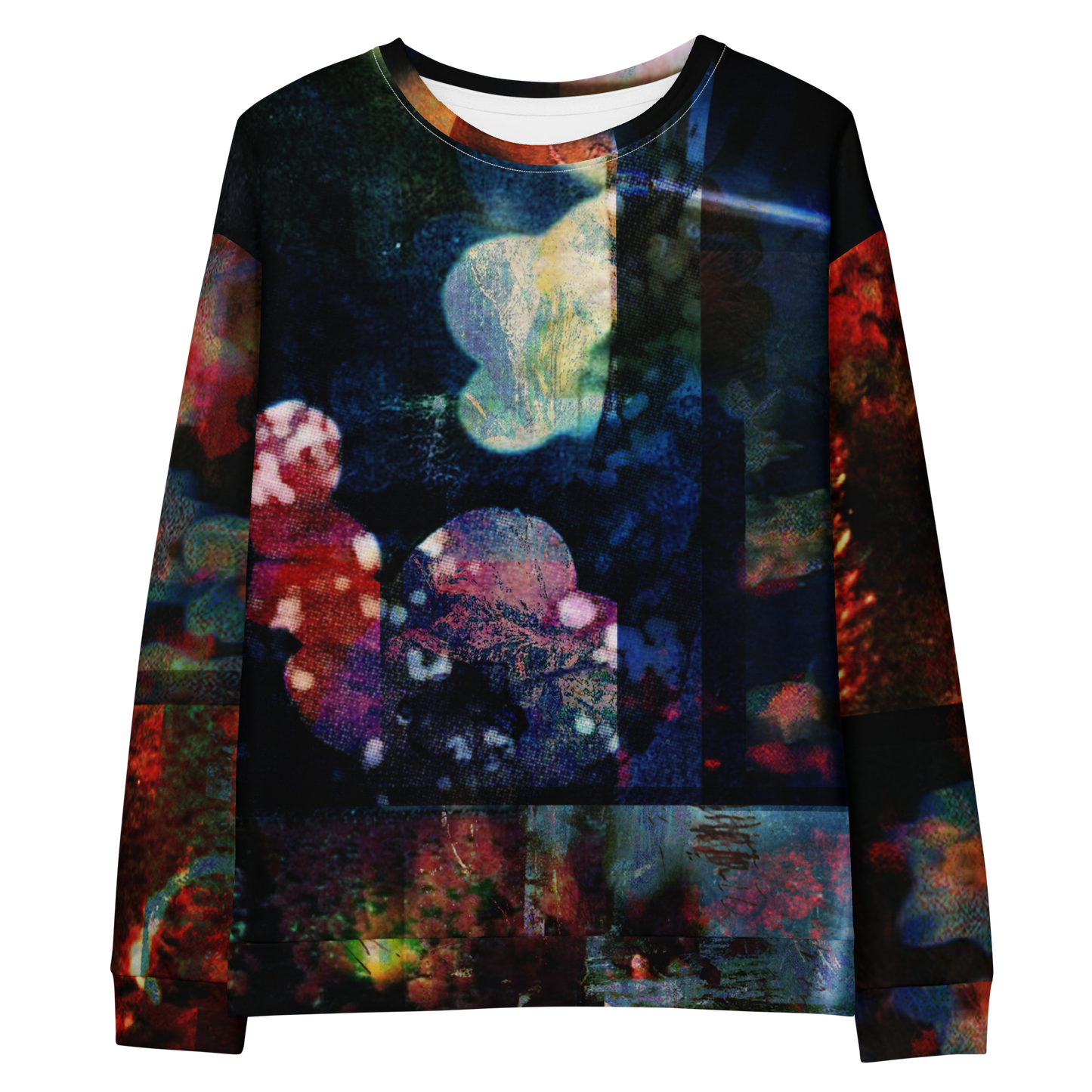 A long-sleeve crewneck sweatshirt featuring an all-over abstract, multicolor cosmic print with dark blue, red, orange, and yellow elements, shown against a plain white background.